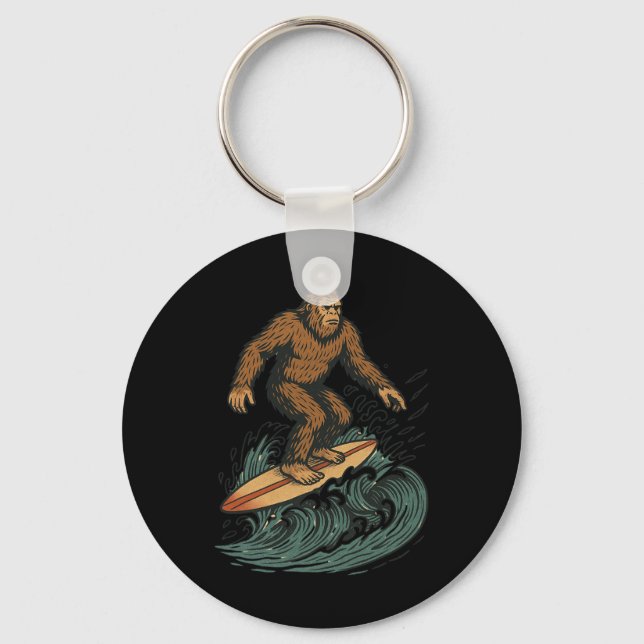 Chaveiro Pé Grande Surfando Arte de Praia Retro Criptid par (Frente)