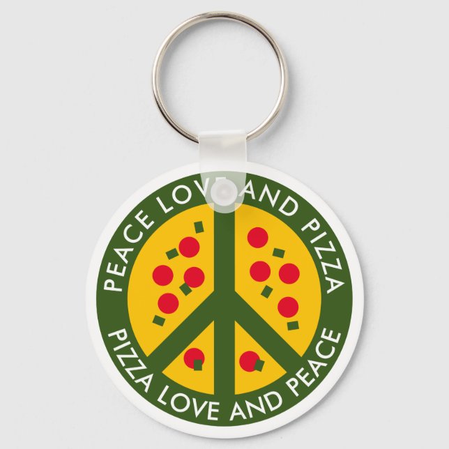 Chaveiro Peace Love and Pizza — nome especial de pizzaria (Frente)