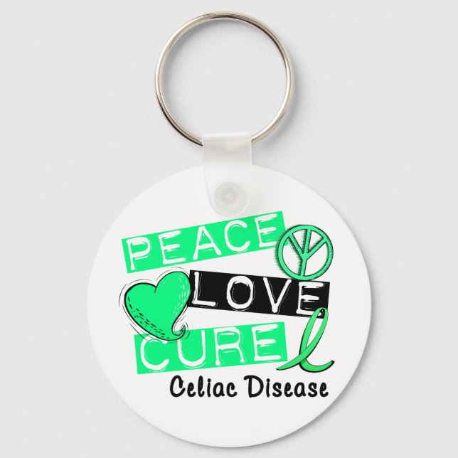 Chaveiro PEACE LOVE CURE CELIAC DISEACE T-Shirts (Frente)