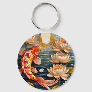 Chaveiro Peixes Koi Rodeados por Flores de Lótus