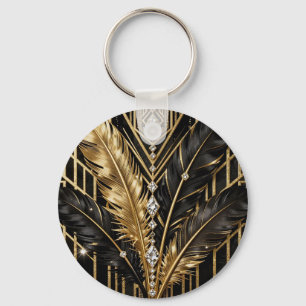 Chaveiro Penas Pretas e Douradas Art Déco