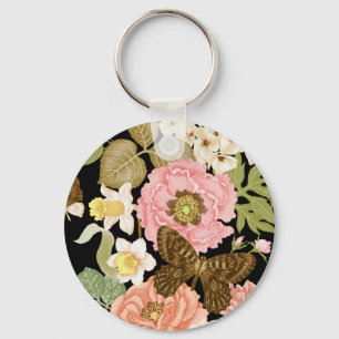 Chaveiro Peônias de Rosas Vintage: Padrão Floral Preto