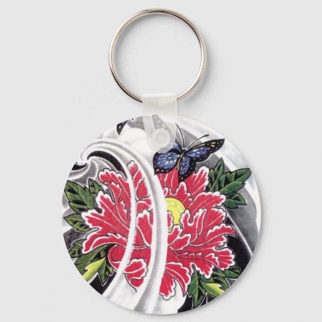 Chaveiro Peony Flower e Butterfly Tattoo Design (Frente)