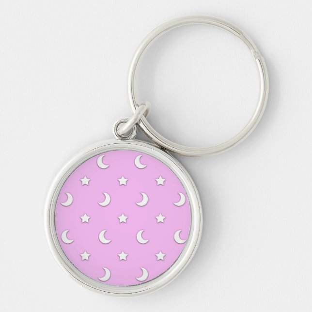 Chaveiro Pequenas Estrelas Brancas e Luas em Rosa (Frente)