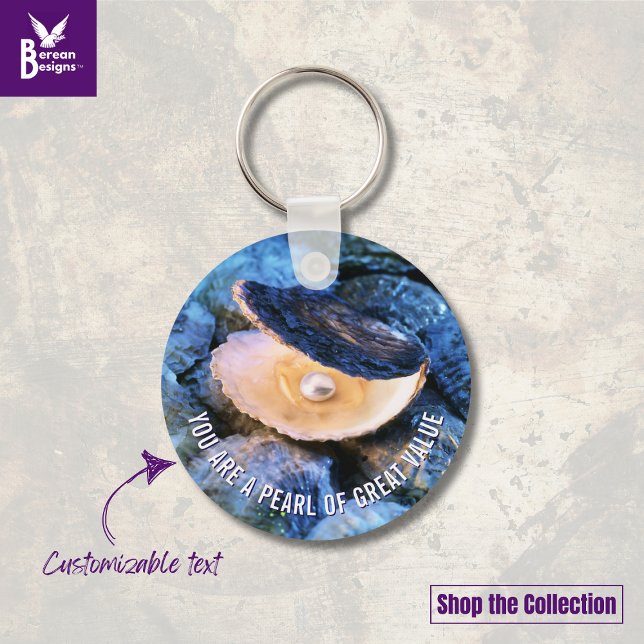 Chaveiro Pérola de OYSTER do Christian Personalizado do Val (Blue OYSTER aesthetic keychain with CUSTOMIZABLE Christian Bible verse. Ideal gift for her.)