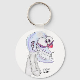 Chaveiro personagem azul sorrindo com casaco