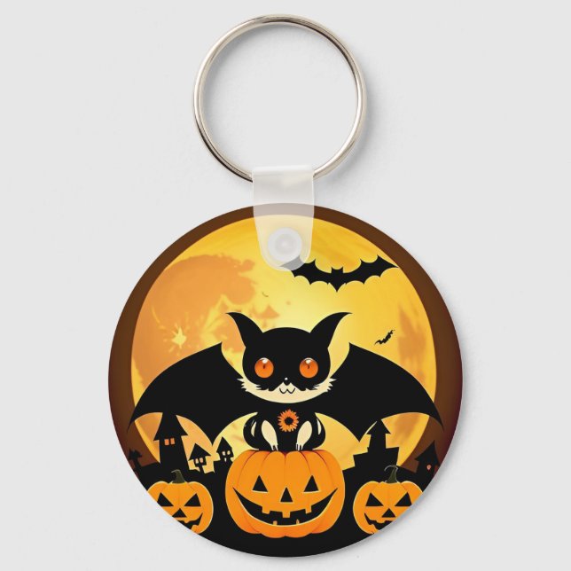 Chaveiro Personagem de Gato de Halloween Fofo com Abóboras (Frente)