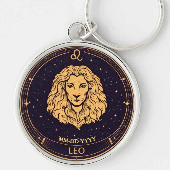 Chaveiro Personalised Leo Zodiac Keychain with Birth Date (Frente)