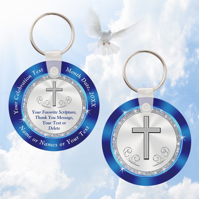Chaveiro Personalizado Cristão, Favores da Igreja, MULTIPLO (Two Sided, Christian Keychains and Church Party Favors. Royal Blue and Silver Cross. Bible Scripture)