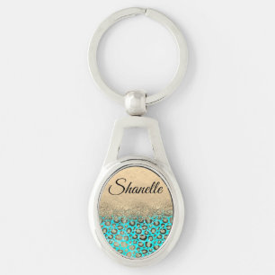 Chaveiro Personalizado de Leopardo de Turquesa Glitter Chic