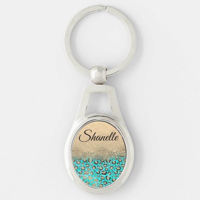 Chaveiro Personalizado de Leopardo de Turquesa Glitter Chic (Frente)
