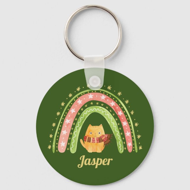 Chaveiro Personalizado Gato de Natal e Arco-íris (Frente)