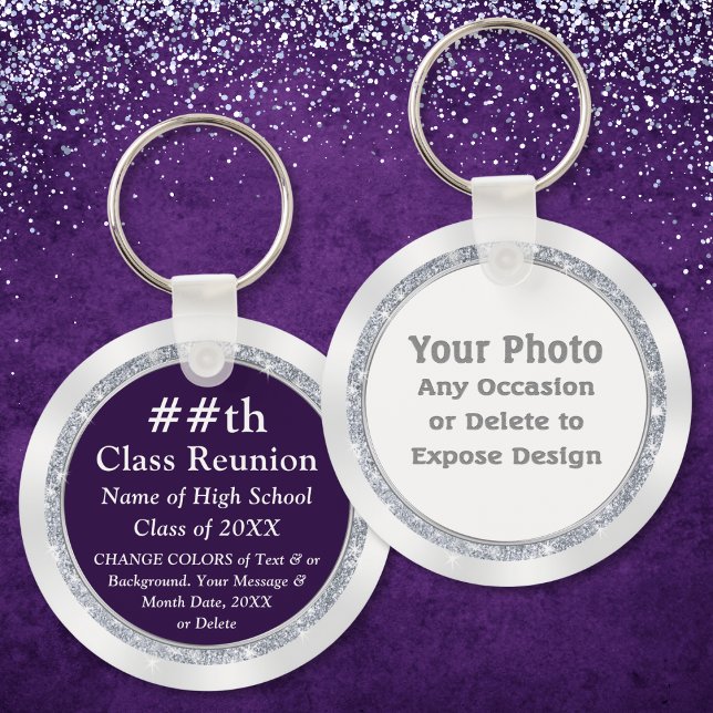 Chaveiro Personalizado, Ideias de Partidos de Reunião de Cl (Purple, White and Silver, Personalized Class Reunion Gifts. Cheap class reunion souvenirs. 50th)
