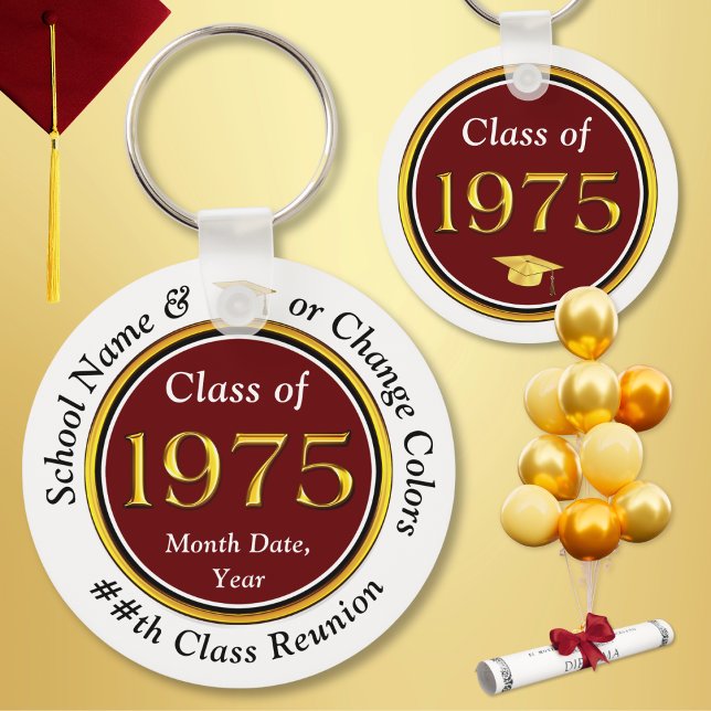 Chaveiro Personalizável barato, Classe de Reunião de 1975,  (Class of 1975 Reunion, Keychains. Nice class reunion party favors for the Class of 75. Maroon, White)