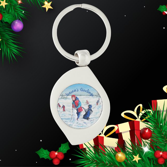 Chaveiro  PERSONALIZE Azul e Vermelhos Cena de Pintura de I (Elegant Keychain with wintery children playing landscape.)