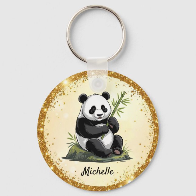 Chaveiro Personalized Cute Panda Bear Greenery Bamboo Gold  (Frente)