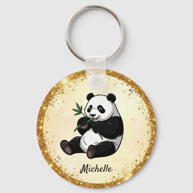 Chaveiro Personalized Cute Panda Bear Greenery Bamboo Gold  (Frente)