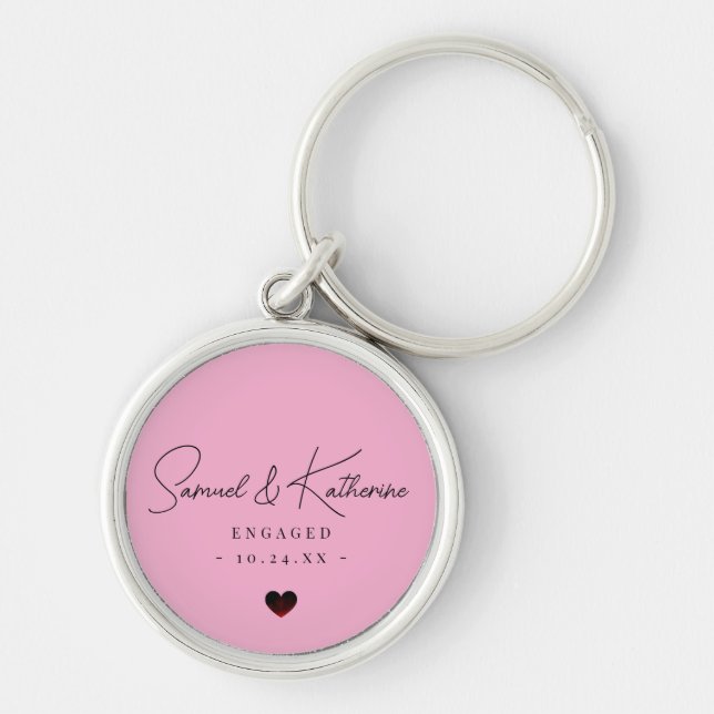 Chaveiro Personalized Engagement Date Pink Heart Script (Frente)