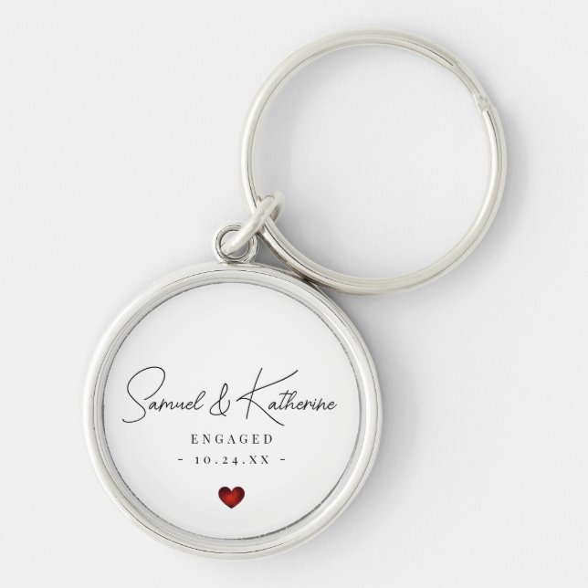 Chaveiro Personalized Engagement Date White Heart Script (Frente)