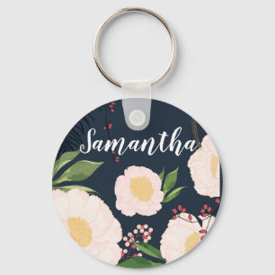 Chaveiro Personalized Key Chain White Floral Flowers on Dar