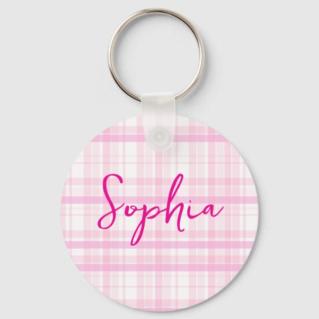 Chaveiro Personalized Pink Plaid keychain  with Name  (Frente)