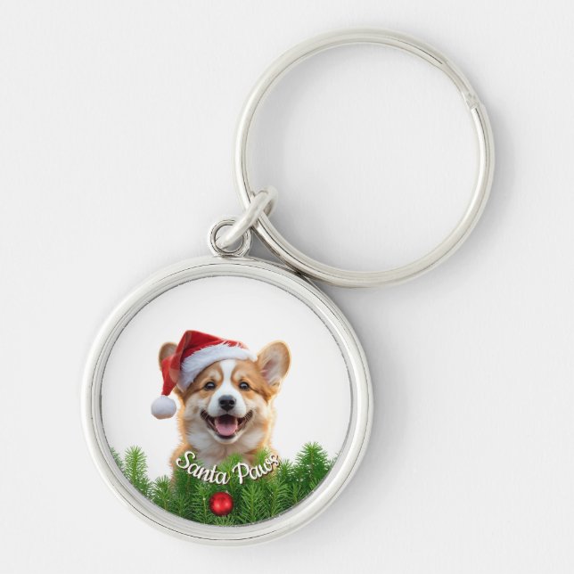 Chaveiro Personalized Round Keychain – Santa Paws Corgi  (Frente)