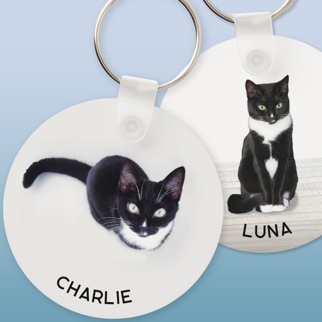Chaveiro Pet Cat Two Photo Personalized (Personalized custom name pet cat double sided two photo keychain for animal lovers)