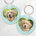 Chaveiro Pet dog foto dentro coração com nome aqua blue<br><div class="desc">Tecla de cor azul-aqua ou personalizada com dentro de fotografia de seus animais de estimação com o nome em uma fonte de script de estilo manuscrito. Impressão frente e verso.</div>