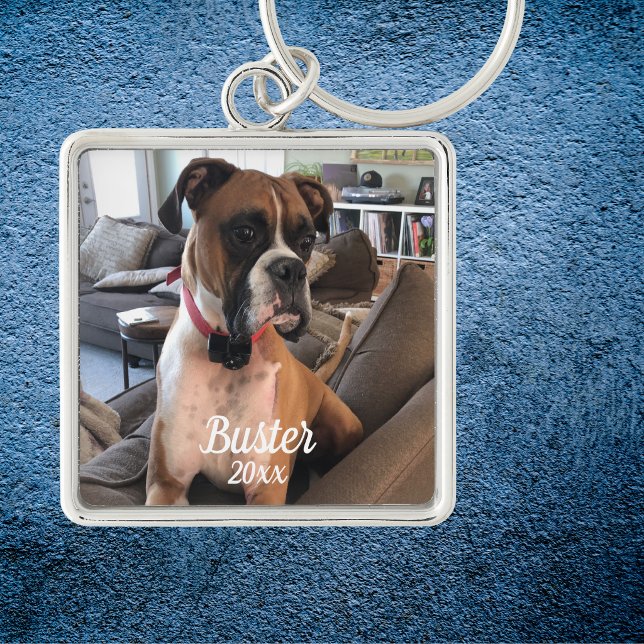 Chaveiro Pet Photo  Boxer White Typography Personalize (Elegant Pet Photo Keychain Personalize upload your pets photo and pets name)