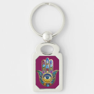Chaveiro Pétalas Coloridas Folhas Hamsa Safira Terceiro Olh