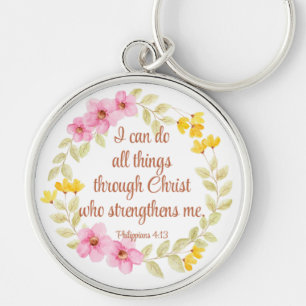 Chaveiro Philippians 4:13 Escritura Floral Cor-de-Rosa e Am