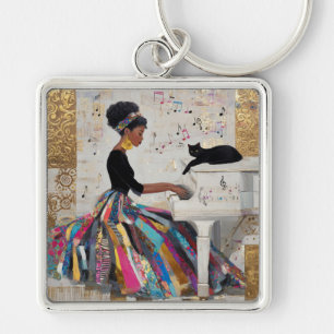 Chaveiro Pianista Negra com Folha de Ouro e Gato
