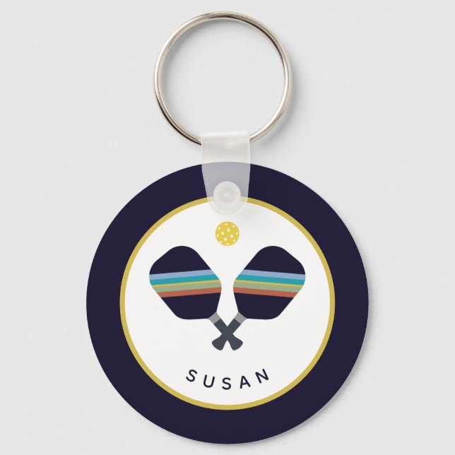 Chaveiro Pickleball Paddles Nome Personalizado Azul Amarelo (Frente)