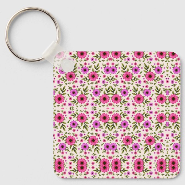 Chaveiro Pingente com floral rosa repetitivo  (Frente)