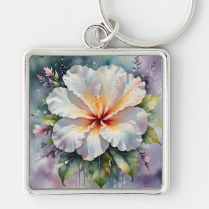 Chaveiro pingente de chave com hibisco branco sonhado