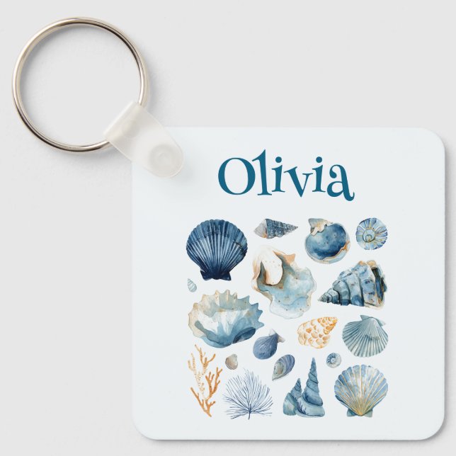 Chaveiro Pingente de Concha Azul | Nome Personalizado (Frente)