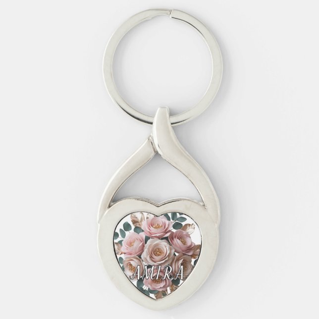 Chaveiro Pingente de Coração com Monograma Floral em Ouro R (Frente)
