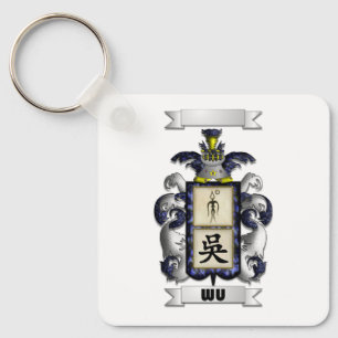 Chaveiro Pingente de Corrente com Sobrenome Wu e Escudo