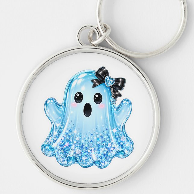 Chaveiro Pingente de Fantasma Azul Brilhante Fofo Assustado (Frente)