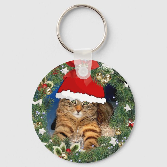 Chaveiro Pingente de Gato Tabby de Natal Fofo (Frente)