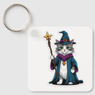 Chaveiro Pingente de mini gato mago com cajado mágico