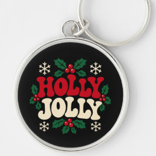 Chaveiro Pingente de Natal Retro Holly Jolly Redondo
