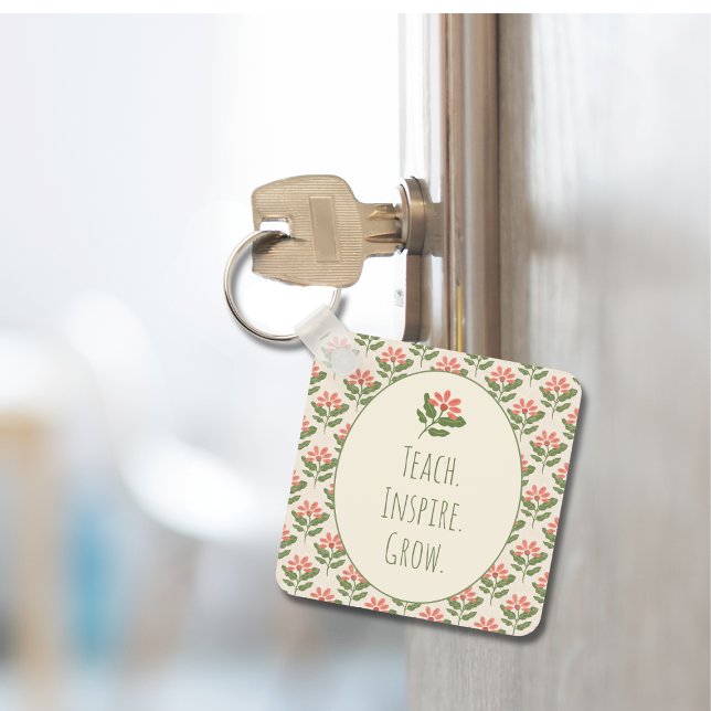 Chaveiro Pingente de Professor de Flores | Ensinar • Inspir (Floral Teacher Keychain | Teach • Inspire • Grow | Thoughtful Teacher Appreciation Gift)
