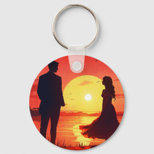 Chaveiro Pingente de Silhueta de Casal ao Pôr do Sol Românt