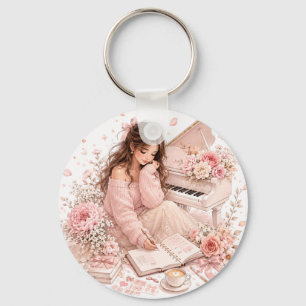 Chaveiro Pingente de Tecla de Piano Floral Rosa Editável