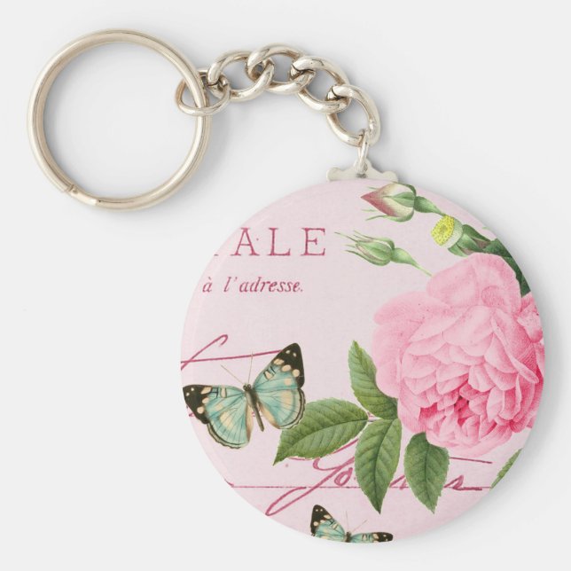Chaveiro Pingente floral vintage rosa em rosa (Frente)
