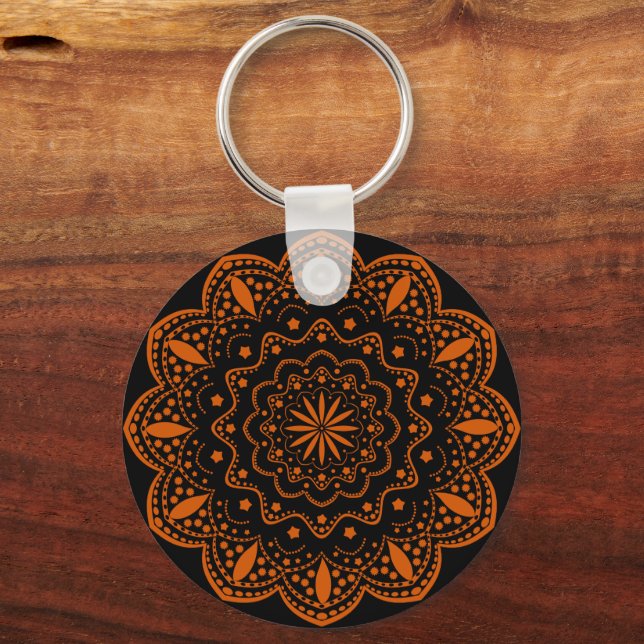 Chaveiro Pingente Mandala | Preto e Laranja (Frente)