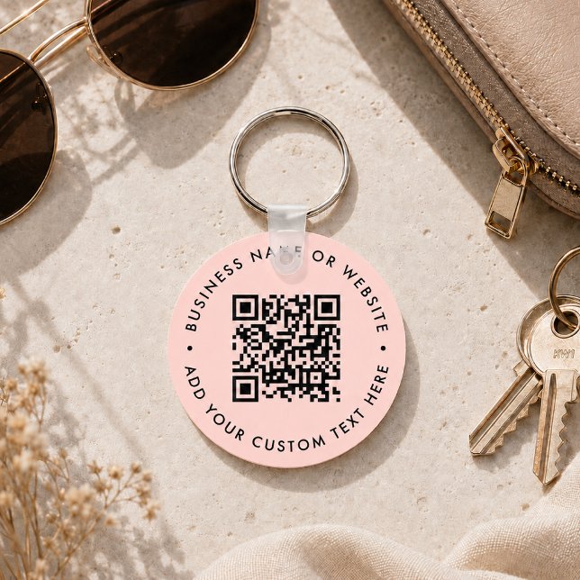 Chaveiro Pingente | Tag Rosa Bege Código QR Personalizado (Interactive editable QR code pink keychains to promote your business, products or services.)
