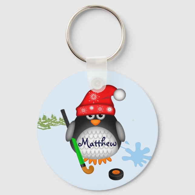 Chaveiro Pinguim de hóquei bonito com chapéu e nome persona (Frente)