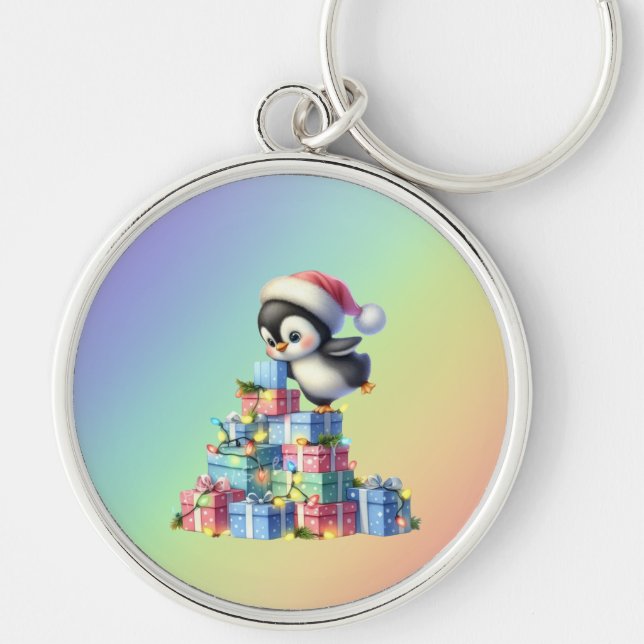 Chaveiro Pinguim de Natal bonito com presentes e cartões lu (Frente)